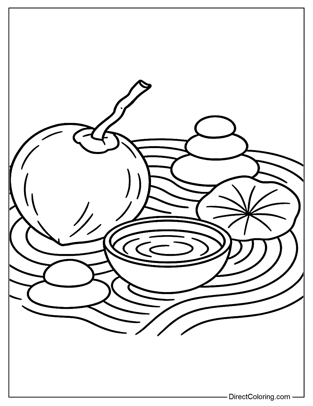 Zen garden coloring page with coconut, pebbles, water bowl and lotus leaves.